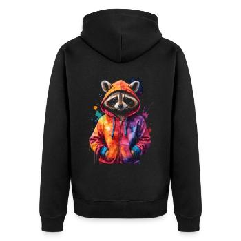 Waschbär Hoodie Bunt Lustig Tier Design Print - Unisex Premium Bio Zip Hoodie - Schwarz - Hinten - Nico (187cm)