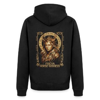 Freya – Göttin der nordischen Mythen - Unisex Premium Bio Zip Hoodie - Schwarz - Hinten - Nico (187cm)