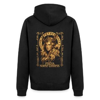 Freya – Göttin der nordischen Mythen - Unisex Premium Bio Zip Hoodie - Schwarz - Hinten - Nico (187cm)