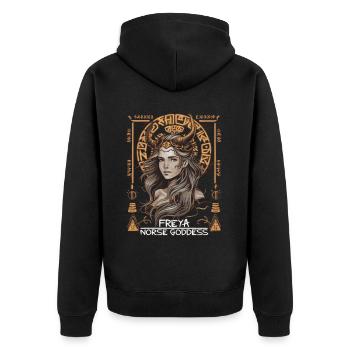 Freya – Göttin der nordischen Mythen - Unisex Premium Bio Zip Hoodie - Schwarz - Hinten - Nico (187cm)