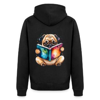 Mops Lesen Buch Hund Bunt Lustig Tier Design Print - Unisex Premium Bio Zip Hoodie - Schwarz - Hinten - Nico (187cm)