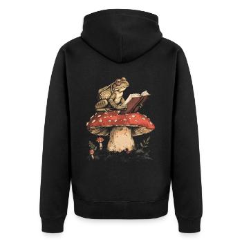 Cottagecore Aesthetic Frog Reading Book Mushroom Gobl - Unisex Premium Organic Zip Hoodie - black - Back - Nico (187cm)