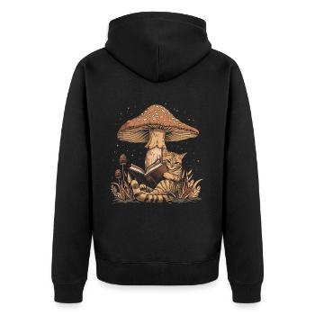 Cottagecore Aesthetic Cat Reading Book Mushroom Witchy - Unisex Premium Organic Zip Hoodie - black - Back - Nico (187cm)