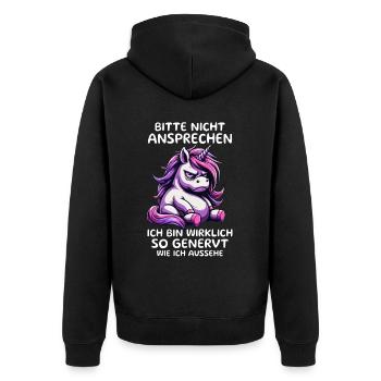 Bitte Nicht Ansprechen Ich Bin Wirklich So Genervt - Unisex Premium Bio Zip Hoodie - Schwarz - Hinten - Nico (187cm)