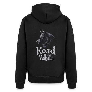 Seitenprofil Wolf Road vers Valhalla Design - Veste à capuche bio Premium Unisexe - noir - Dos - Nico (187cm)