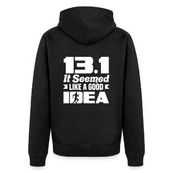 13.1 It seemed like a good idea - Unisex Premium Organic Zip Hoodie - black - Back - Nico (187cm)