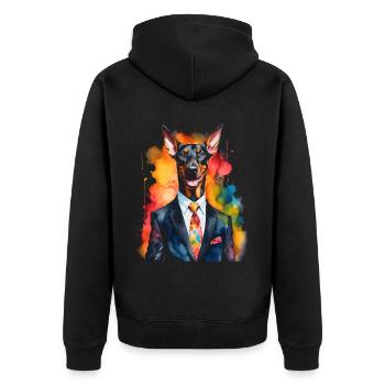 Dobermann Anzug Hund Bunt Lustig Tier Design Print - Unisex Premium Bio Zip Hoodie - Schwarz - Hinten - Nico (187cm)