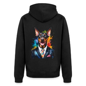 Dobermann Anzug Hund Bunt Lustig Tier Design Print - Unisex Premium Bio Zip Hoodie - Schwarz - Hinten - Nico (187cm)