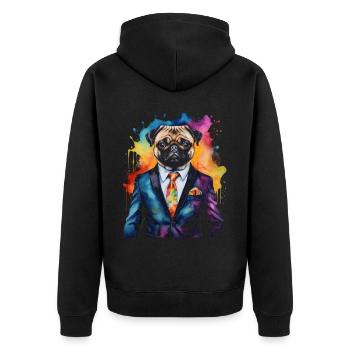 Mops Anzug Hund Bunt Lustig Tier Design Print - Unisex Premium Bio Zip Hoodie - Schwarz - Hinten - Nico (187cm)
