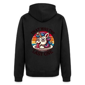 Witziger Einhorn Spruch Dunkler Humor Lustiger - Unisex Premium Bio Zip Hoodie - Schwarz - Hinten - Nico (187cm)