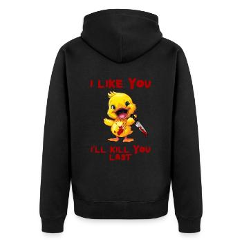 Duck with Knife - Funny Creepy I Like You - Unisex Premium Organic Zip Hoodie - black - Back - Nico (187cm)