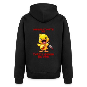Duck with Knife Unterschätze Mich Lustig Gruselig - Unisex Premium Bio Zip Hoodie - Schwarz - Hinten - Nico (187cm)