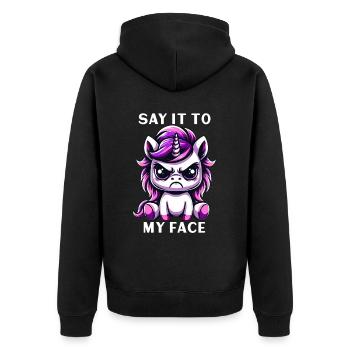 Say it to my face - Unisex Premium Bio Zip Hoodie - Schwarz - Hinten - Nico (187cm)