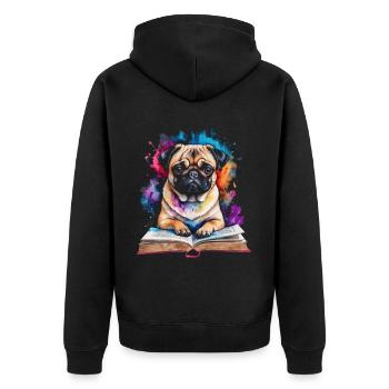 Mops Lesen Buch Hund Bunt Lustig Tier Design Print - Unisex Premium Bio Zip Hoodie - Schwarz - Hinten - Nico (187cm)
