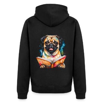 Mops Lesen Buch Hund Bunt Lustig Tier Design Print - Unisex Premium Bio Zip Hoodie - Schwarz - Hinten - Nico (187cm)
