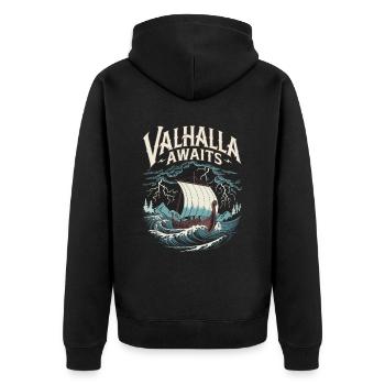 Wikingerschiff Valhalla Awaits für eine Wikinger - Unisex Premium Bio Zip Hoodie - Schwarz - Hinten - Nico (187cm)