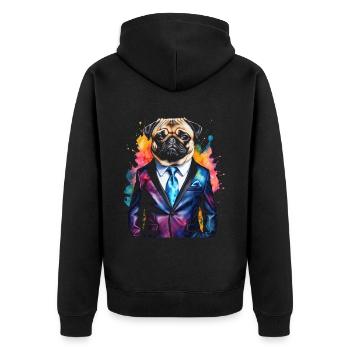 Mops Anzug Hund Bunt Lustig Tier Design Print - Unisex Premium Bio Zip Hoodie - Schwarz - Hinten - Nico (187cm)