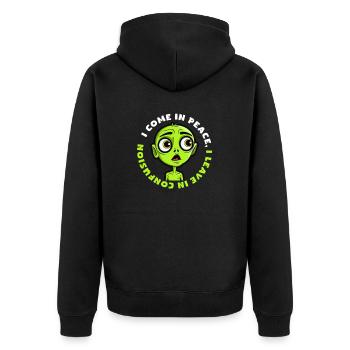 Entführung durch Außerirdische In Frieden kommen In Verwirrung gehen - Unisex Premium Bio Zip Hoodie - Schwarz - Hinten - Nico (187cm)