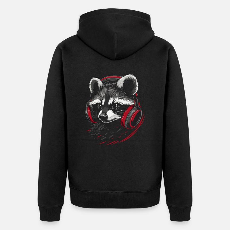 Zocker Waschbär mit roten Kopfhörern - Unisex Premium Bio Zip Hoodie - Schwarz
