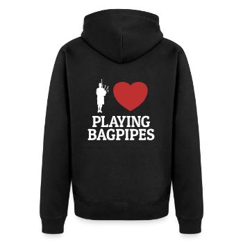 Ich liebe es, Dudelsack zu spielen, Great Highland Blowpipe - Unisex Premium Bio Zip Hoodie - Schwarz - Hinten - Nico (187cm)