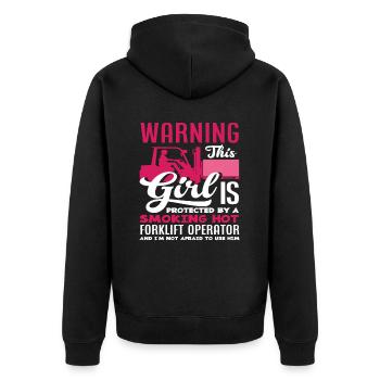 Attention! Protected by a hot - Unisex Premium Organic Zip Hoodie - black - Back - Nico (187cm)
