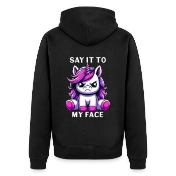 Say it to my face - Unisex Premium Bio Zip Hoodie - Schwarz - Hinten - Nico (187cm)