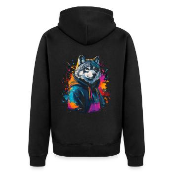 Hip Hop Wolf Vintage Urban Streetwear - Unisex Premium Bio Zip Hoodie - Schwarz - Hinten - Nico (187cm)