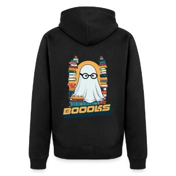 FunnyCute Book Lover Ghost Says Boook - Unisex Premium Organic Zip Hoodie - black - Back - Nico (187cm)