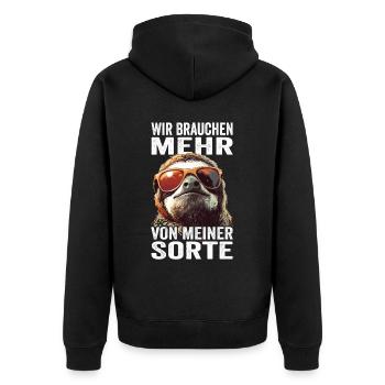 Wir brauchen mehr von meiner Sorte - Unisex Premium Bio Zip Hoodie - Schwarz - Hinten - Nico (187cm)