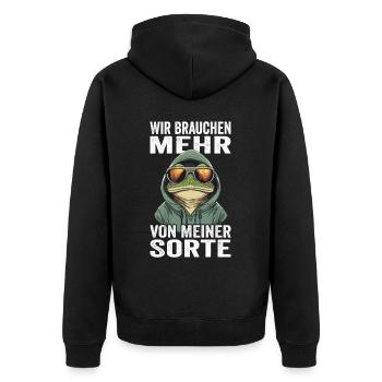 Wir brauchen mehr von meiner Sorte - Unisex Premium Bio Zip Hoodie - Schwarz - Hinten - Nico (187cm)