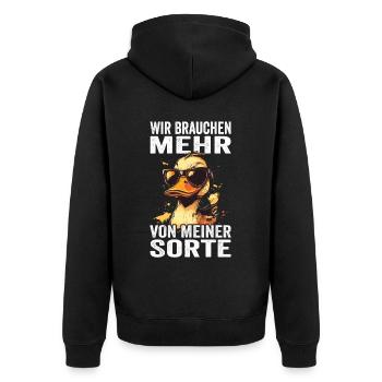 Wir brauchen mehr von meiner Sorte - Unisex Premium Bio Zip Hoodie - Schwarz - Hinten - Nico (187cm)