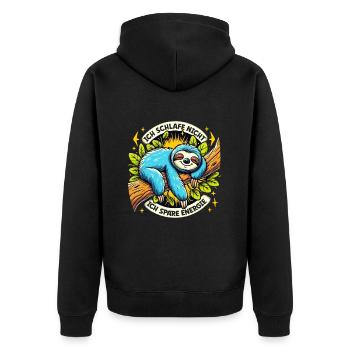 Faultier spart Energie - Faultier schläft nicht - Unisex Premium Bio Zip Hoodie - Schwarz - Hinten - Nico (187cm)