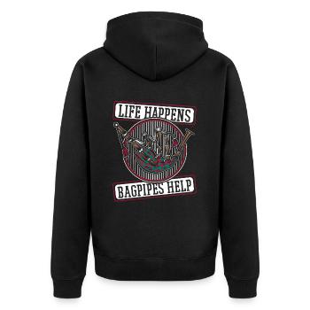 Life Happens Bagpipes Help Bagpipe Lessons - Unisex Premium Organic Zip Hoodie - black - Back - Nico (187cm)