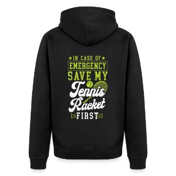 Funny Tennis Player Racket In Case - Unisex Premium Organic Zip Hoodie - black - Back - Nico (187cm)