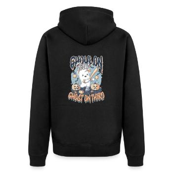 Halloween-Baseball-Ghoul an erster, Geist an dritter Stelle - Unisex Premium Bio Zip Hoodie - Schwarz - Hinten - Nico (187cm)
