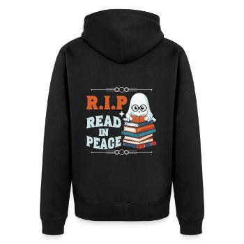 Cute Book Lover Ghost Funny Saying - Unisex Premium Organic Zip Hoodie - black - Back - Nico (187cm)