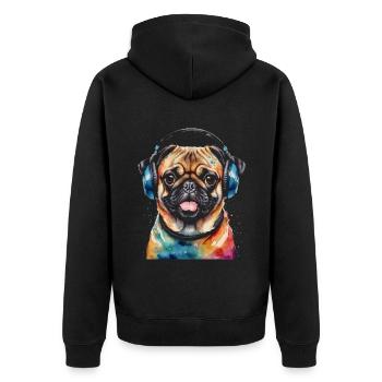 Mops Kopfhörer Hund Bunt Lustig Tier Design Print - Unisex Premium Bio Zip Hoodie - Schwarz - Hinten - Nico (187cm)