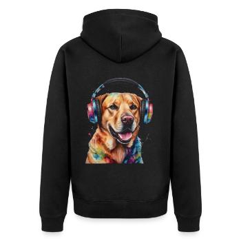 Labrador Retriever Kopfhörer Hund Tier Print - Unisex Premium Bio Zip Hoodie - Schwarz - Hinten - Nico (187cm)