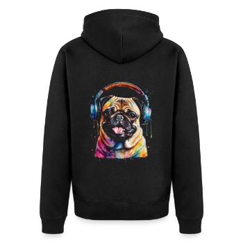 Mops Kopfhörer Hund Bunt Lustig Tier Design Print - Unisex Premium Bio Zip Hoodie - Schwarz - Hinten - Nico (187cm)