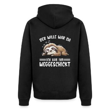 Faultier Tshirt Lustig Witzig Humor Sarkasmus - Unisex Premium Bio Zip Hoodie - Schwarz - Hinten - Nico (187cm)