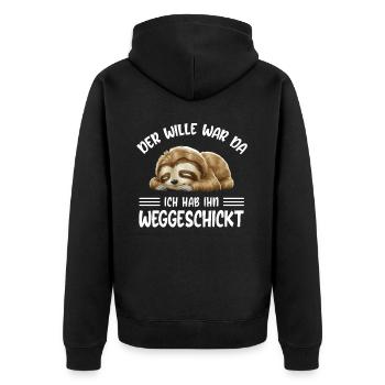 Faultier Tshirt Lustig Witzig Humor Sarkasmus - Unisex Premium Bio Zip Hoodie - Schwarz - Hinten - Nico (187cm)
