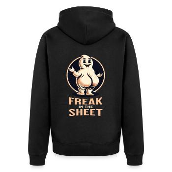 Freak in the Sheet Lustiges Gespenster Design - Unisex Premium Bio Zip Hoodie - Schwarz - Hinten - Nico (187cm)
