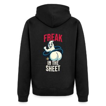 Freak Under Sheet Lustiges Gespenster Design - Unisex Premium Bio Zip Hoodie - Schwarz - Hinten - Nico (187cm)