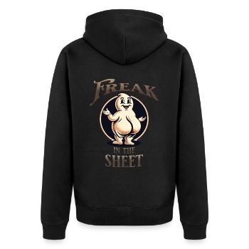 Freak Under the Sheet Lustiges Gespenster Design - Unisex Premium Bio Zip Hoodie - Schwarz - Hinten - Nico (187cm)