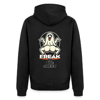 Freak in the Sheet Lustiges Gespenster Design - Unisex Premium Bio Zip Hoodie - Schwarz - Hinten - Nico (187cm)