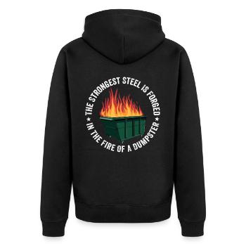 Der stärkste Stahl wird im Feuer geschmiedet - Unisex Premium Bio Zip Hoodie - Schwarz - Hinten - Nico (187cm)