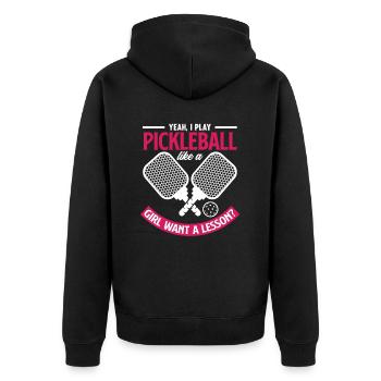 Yeah, Ich Spiele Pickleball Wie Ein Mädchen Willst - Unisex Premium Bio Zip Hoodie - Schwarz - Hinten - Nico (187cm)