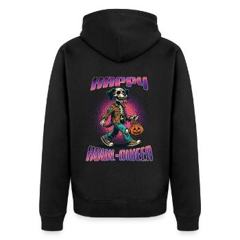 Happy Howl-oween Lustiger Halloween Hunde Spruch - Unisex Premium Bio Zip Hoodie - Schwarz - Hinten - Nico (187cm)