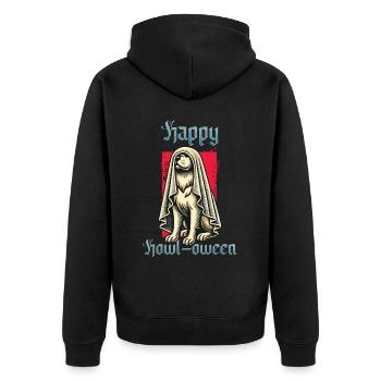 Happy Howl-oween Lustiger Hunde Halloween Spruch - Unisex Premium Bio Zip Hoodie - Schwarz - Hinten - Nico (187cm)