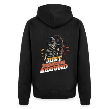 Lustiger Halloween Spruch Just Hanging Around - Unisex Premium Bio Zip Hoodie - Schwarz - Hinten - Nico (187cm)